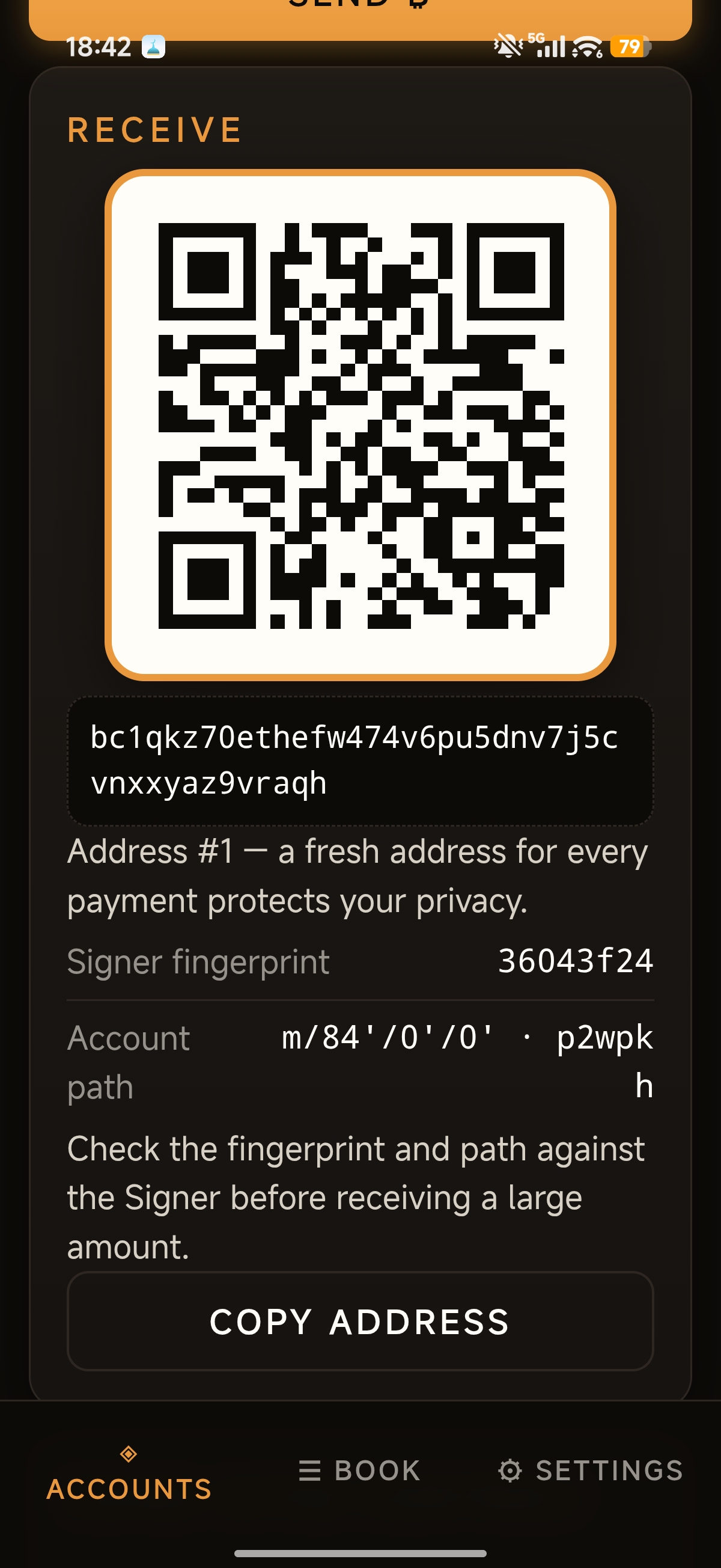 Satoshi Vault Wallet receive card showing fingerprint and derivation path
